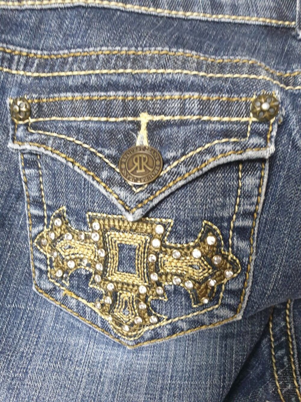 Request Jeans Juniors 5 Jorts Rhinestone Embellished Bermuda Shorts Gold 27" - Picture 4 of 8